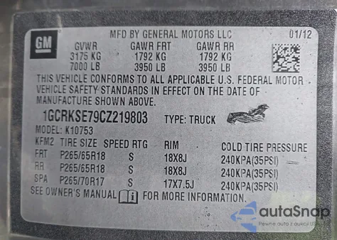 2012 Chevrolet Silverado 1500 Lt z USA, uszkodzony, nr VIN 1GCRKSE79CZ219803